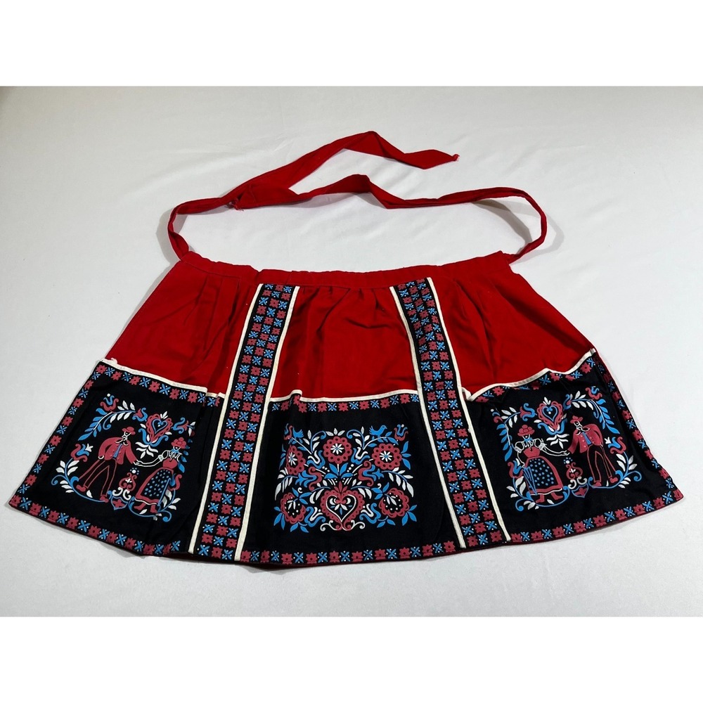 Vintage Folk Art Half Apron Red Black Floral Cottagecore Scandinavian Style